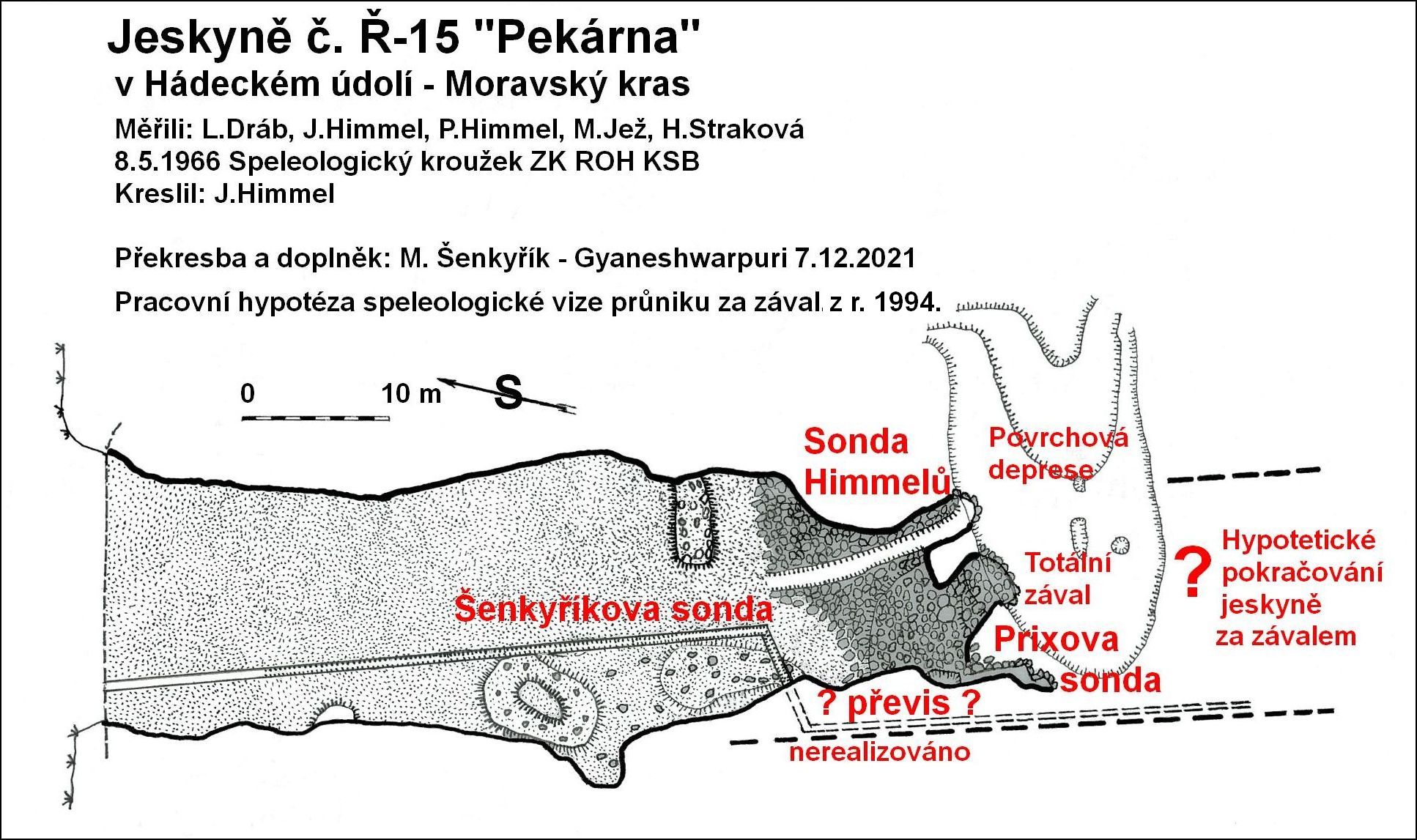 Jeskyně Pekárna - mapa speleologické vize Marka Šenkyříka z roku 1994 průniku za zával.