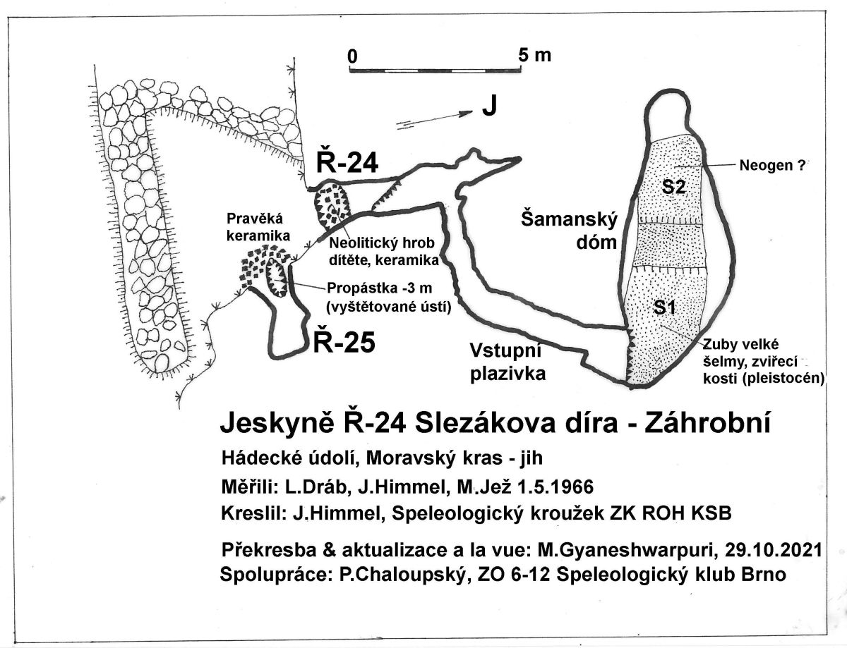 Mapa jeskyně Slezákova díra - Záhrobní s vyznačeným hrobem a zónou pravěké keramiky před sousední bezejmenné jeskyni Ř-25.